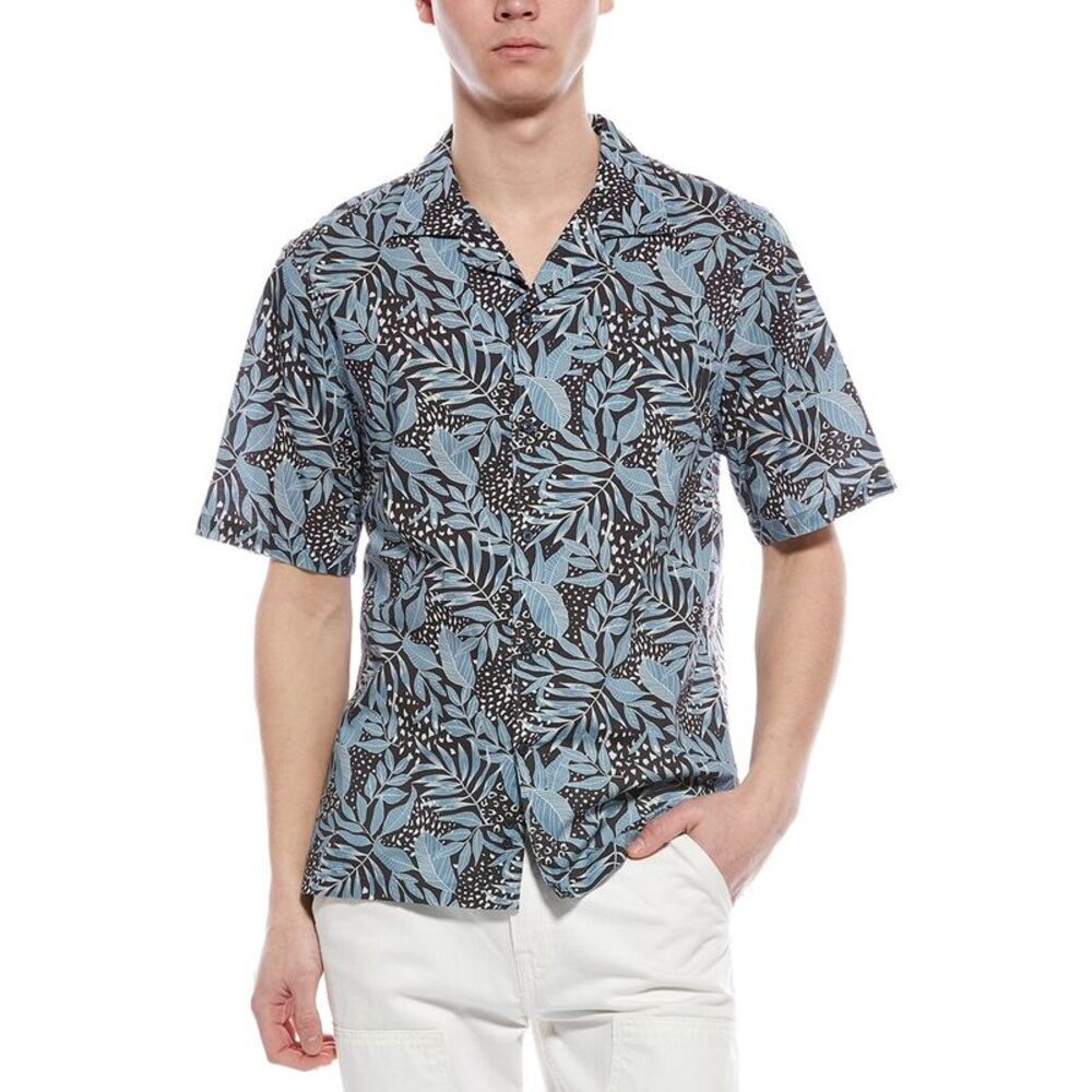 7 For All Mankind Mens  Floral Camp Shirt, Blue